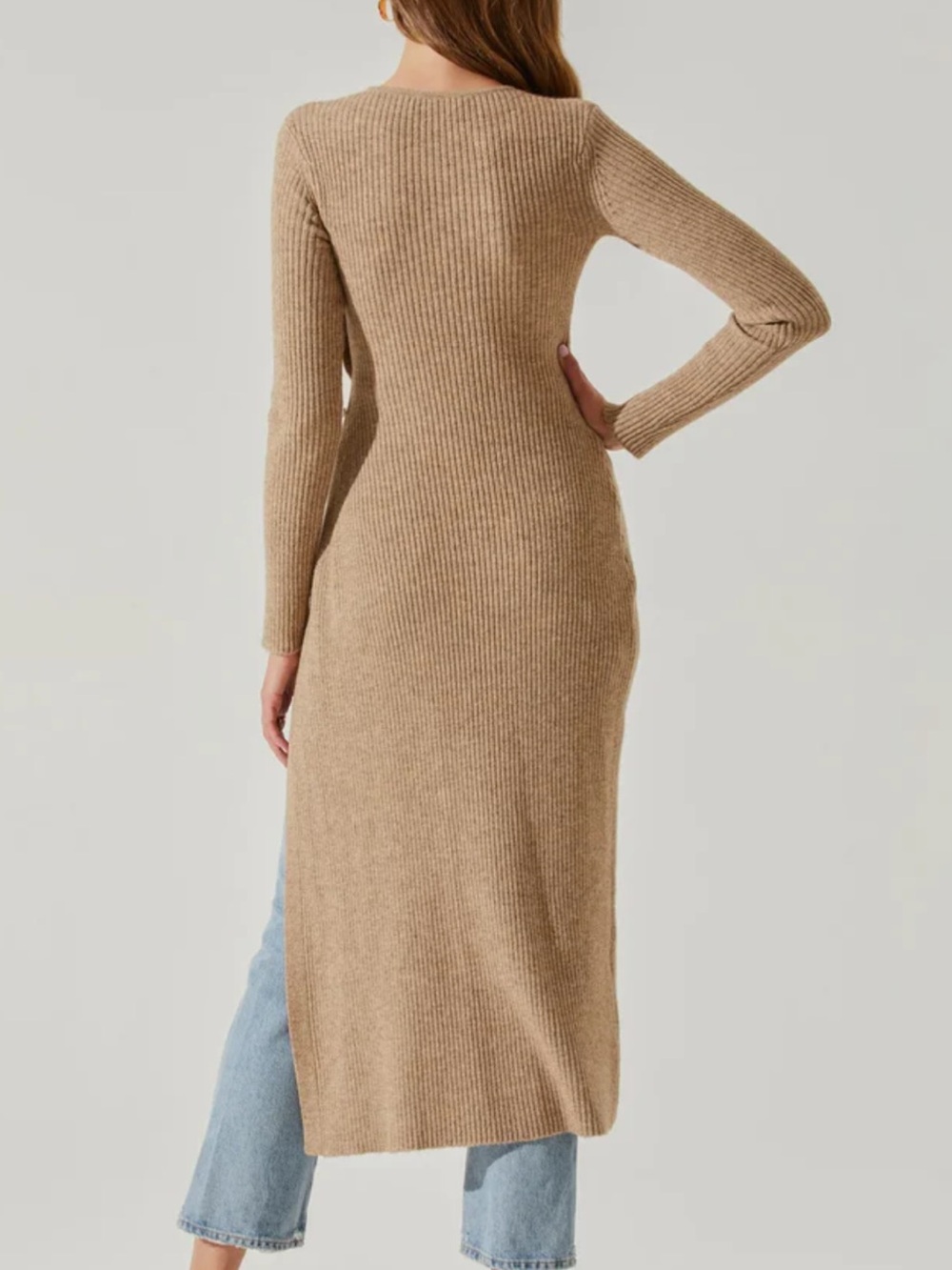 ASTR The Label Tan Rib Knit Side Button Slit Midi Sweater Dress Size Small - Picture 6 of 10
